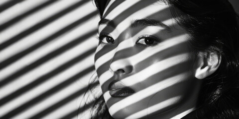 Black and white photography of a beautiful woman with striped shadows on her skin