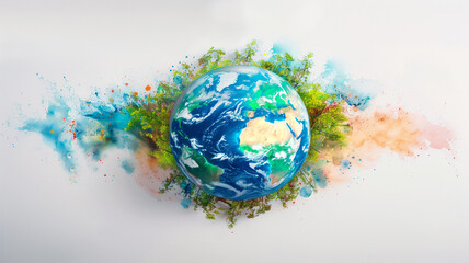 Watercolor illustration of planet earth with paint splashes on white background.