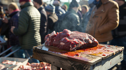 Pieces of raw meat against crowd of people