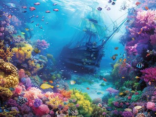 Fototapeta na wymiar A hauntingly beautiful underwater realm, with vibrant coral reefs, schools of exotic fish, and ancient shipwrecks resting on the ocean floor undersea discovery The mysterious allure of the underwater