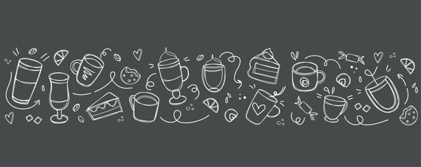 Coffee and desserts in doodle style drawing with chalk on a black board. Sketch of different cups of coffee and cappuccino. Banner, border, background for cafe shop, card, banner etc.