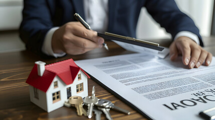 An insurance agent pointing to a clause in a property insurance policy, with house keys and a small house model on the table, blurred background, with copy space