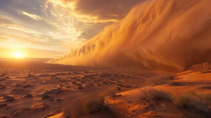 A huge dust storm rolled across the barren landscape. - obrazy, fototapety, plakaty