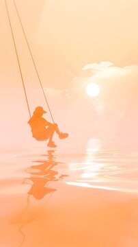 Serene Solitary Swing Soaring Over Shimmering Seascape in Soft Light