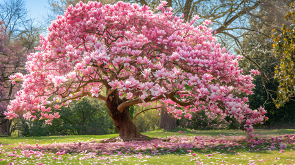 Pink magnolia Soulagean tree in bloom during spring