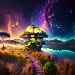 bajkowe ilustracje sny marzenia góry domy motyle szklane kule