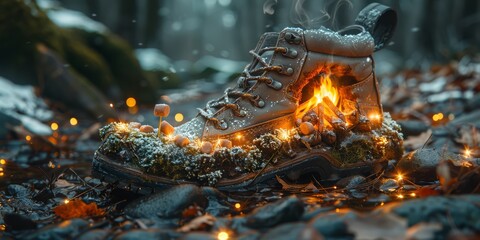 Fototapeta premium High-tech hiking boot with a built-in terrarium housing a miniature ecosystem