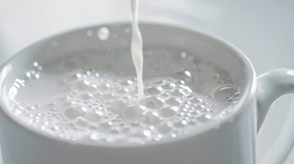 Macro close up of frothy bubbles on milk in elegant white cup resting on table surface