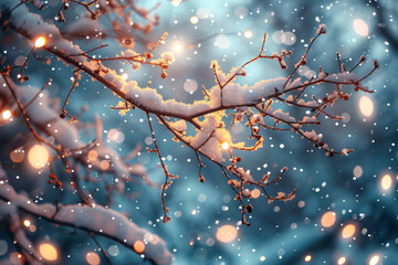 Enchanted Winter Wonderland: Snow-Covered Branches and Magical Bokeh Lights