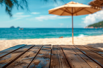 Tropical Beach Escape: Wooden Table View with Parasol and Ocean