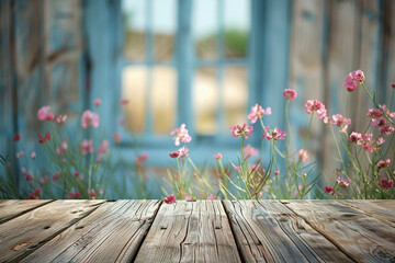 Serene Wooden Table with Blooming Flowers and Blurred Window Background