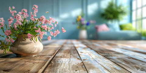 Rustic Wooden Table with Vase of Pink Flowers in Sunlit Room