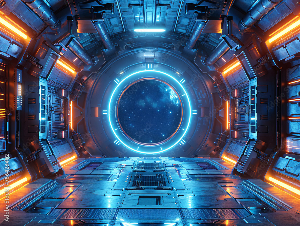 Poster 3d rendering of sci-fi extended background, corridor tunnel of space station ship