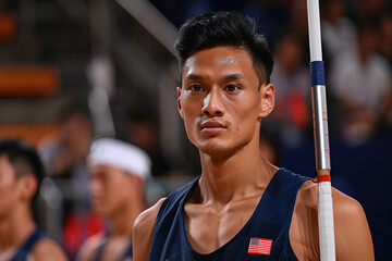Serious male pole vaulter prepares for his jump at a track and field competition, concentration...