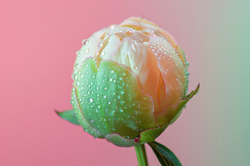 Dew-Kissed Blossoming Peony Against Pastel Backdrop