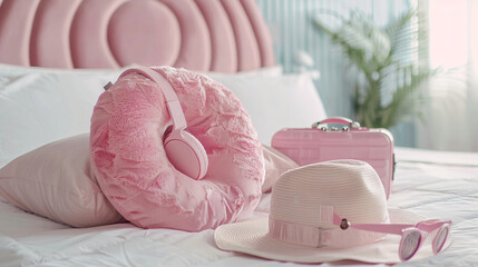 Fototapeta na wymiar Pink travel pillow with headphones suitcase hat and sl