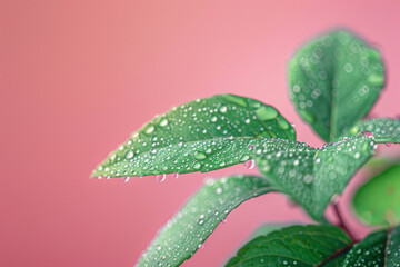 Fresh Dew Drops on Vibrant Green Leaves with Pink Background