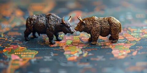 Whimsical stock market graph with tiny, cheering anthropomorphic bull and bear characters