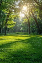 Sunlight filters through the leaves of green trees, casting a serene and dappled glow across the verdant park grass, inviting peaceful relaxation in the warmth of the season.