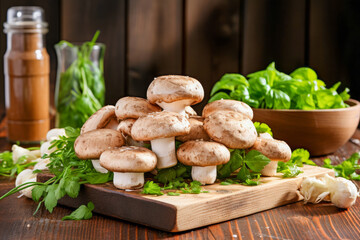 Fresh Mushrooms and Herbs on Wooden Cutting Board for Culinary Concepts