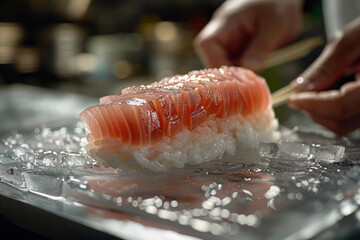 Expert Chef Preparing Fresh Salmon Sushi on Ice