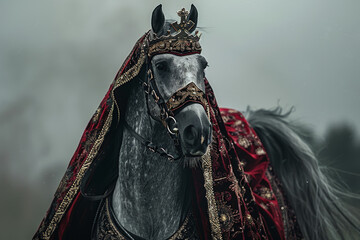 Majestic Horse Adorned with Ornate Bridle and Royal Robes