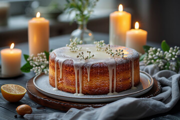 Homemade Citrus Glazed Cake with Candles and Flowers Ambience
