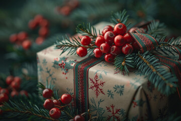 Festive Christmas Gift Wrapped with Elegance Among Pine Branches and Berries