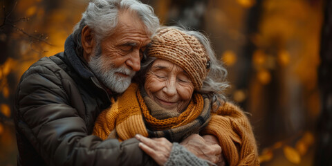 Tender Embrace of Elderly Couple in Autumn Setting
