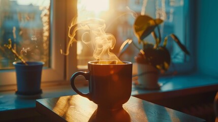 Coffee cup resting on sunlit window sill with steam gently illuminated by sun rays - obrazy, fototapety, plakaty