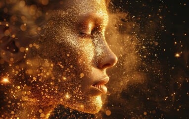 The radiant glow of golden face powder pops against the deep, rich backdrop, creating a sophisticated and eye-catching look.