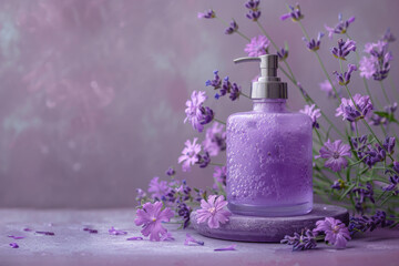Lavender Scented Hand Soap Dispenser Surrounded by Purple Flowers