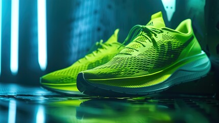A dynamic shot of running shoes with advanced cushioning technology, emphasizing comfort and support, in a striking shade of neon green.