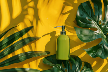 Tropical Elegance: Green Soap Dispenser with Monstera Shadows on Yellow Background