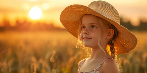 Serene Child in Sunhat Enjoying Golden Hour in Wheat Field