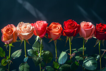 Elegant Row of Red and Peach Roses in Sunbeam