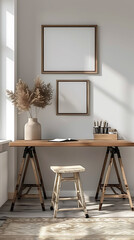 Mockup poster frame above a Roll-Top Desk in aliving room, modern interior scanidavian style