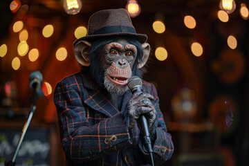 Engaging Chimpanzee Dressed as Performer Singing on Stage