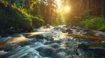 River at sunrise in the Carpathian forest - fast jet of water at slow shutter speeds give a beautiful fairy-tale effect. Ukraine is rich in water resources in the Carpathian Mountains is good ecology