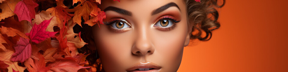 Autumn Beauty: Woman with Leaves and Bold Eye Makeup - obrazy, fototapety, plakaty