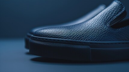 A macro image of vegan leather slip-on shoes in a deep navy, emphasizing their cruelty-free and environmentally conscious design.