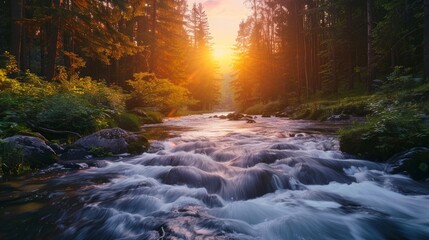 River at sunrise in the Carpathian forest - fast jet of water at slow shutter speeds give a beautiful fairy-tale effect. Ukraine is rich in water resources in the Carpathian Mountains is good ecology