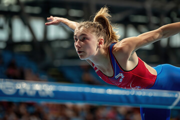 Female gymnast in mid-performance on the balance beam, showcasing concentration and athletic form.