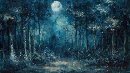 Moonlit Forest Painting at Night - obrazy, fototapety, plakaty