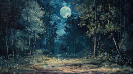 Moonlit Forest Painting at Night