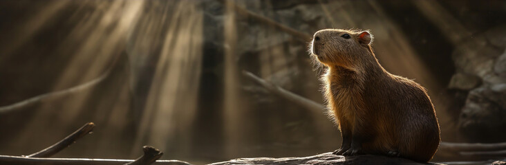 A majestic capybara sits atop a rock as sunbeams pierce through the backdrop of a serene forest