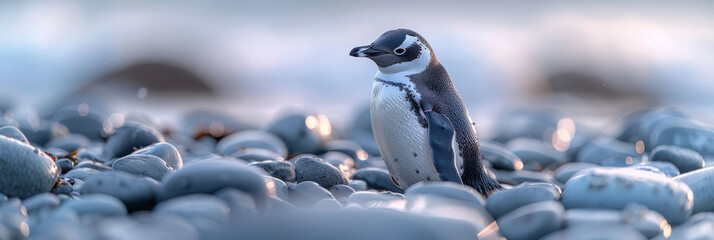 Serene Penguin on Pebbled Shore at Twilight - Powered by Adobe