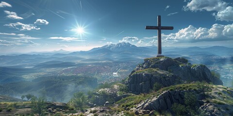 Christian cross, mountain, sunrise horizon, scenery, or nature for Jesus' resurrection on cliff. Daytime AI-generated crucifixion of holy - obrazy, fototapety, plakaty
