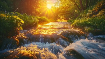 River at sunrise in the Carpathian forest - fast jet of water at slow shutter speeds give a beautiful fairy-tale effect. Ukraine is rich in water resources in the Carpathian Mountains is good ecology - obrazy, fototapety, plakaty