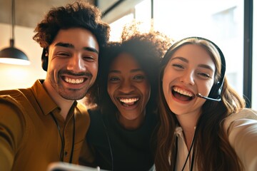 Photograph depicts a diverse group of joyful, smiling contact center telemarketing agents taking office selfies. Confident and ambitious colleagues dedicated to excellent customer service - obrazy, fototapety, plakaty